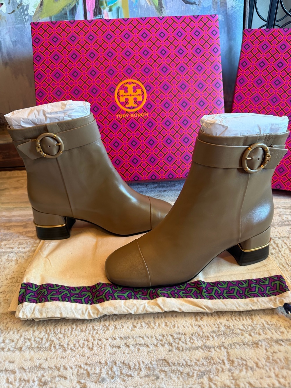 Tory Burch Multi Logo Heel Ankle Boots with Buckle Detail